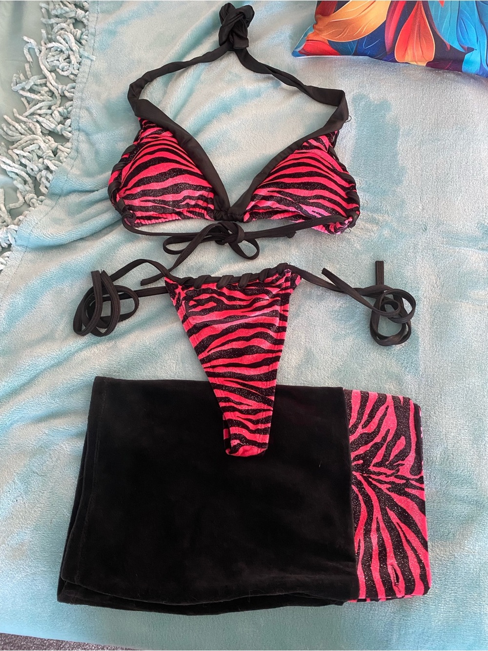 3 PC- Women's Velour Pink Zebra-Print Halter Bikini Set with Black Trim
